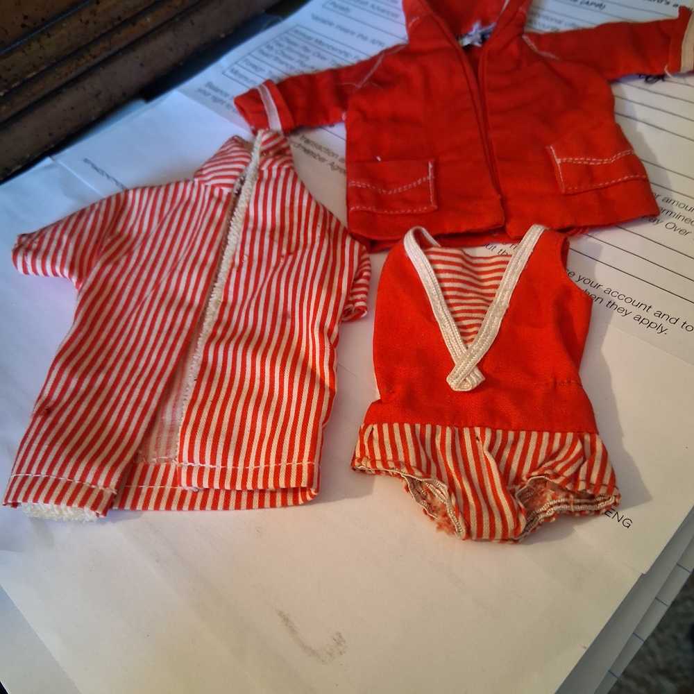 Vintage Ken doll top. Small bathing suit and red beach top/hoodie